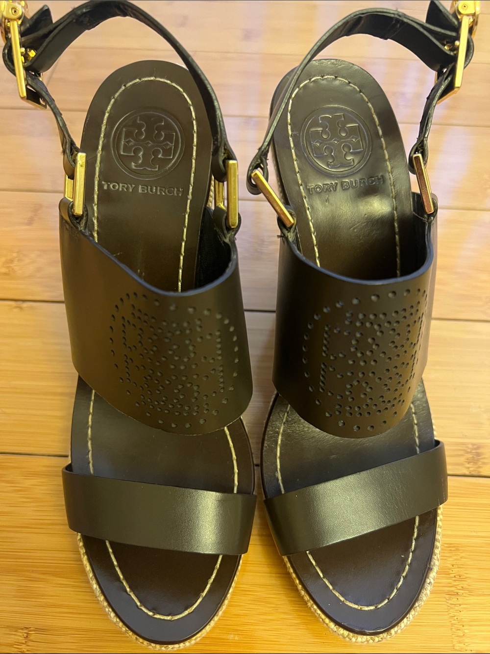Tory Burch Black Leather Wedge Sandals with Gold Buckle - Picture 5 of 6